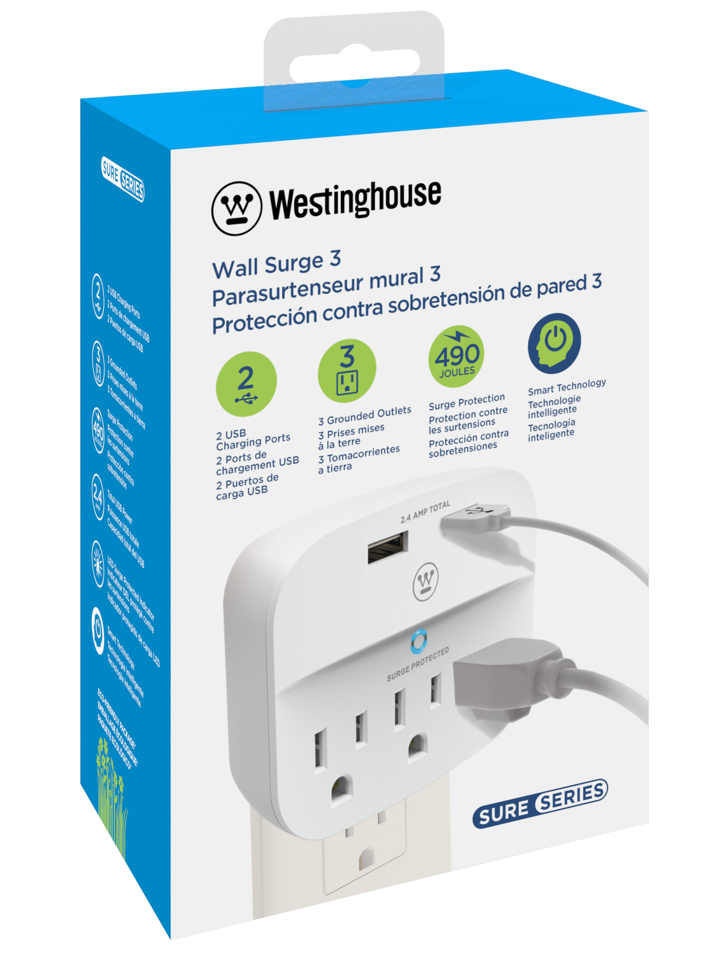 Westinghouse Wall Surge 3. 3-Outlet 2 USB Wall Adapter, Case of 6