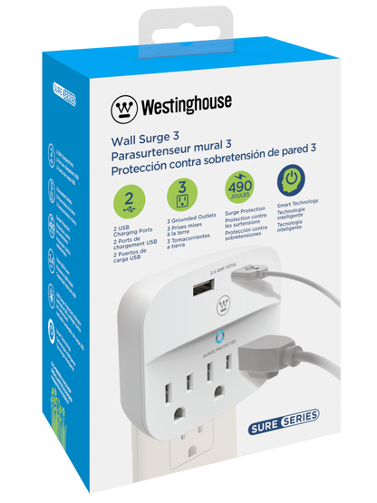 Westinghouse Wall Surge 3. 3-Outlet 2 USB Wall Adapter, Case of 6