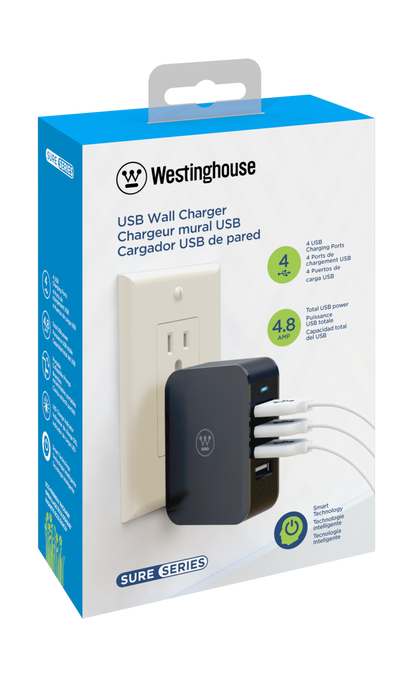 Westinghouse USB Wall Charger, 4 USB Ports, Case of 5